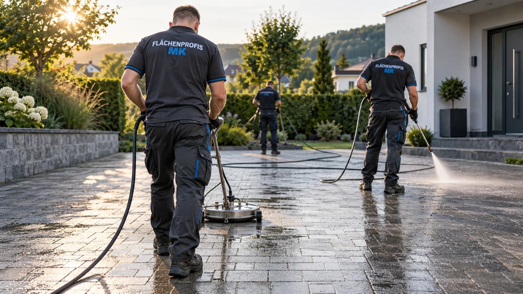 Reinigungskräfte in Flächenprofis MK Arbeitskleidung bei der Flächenreinigung